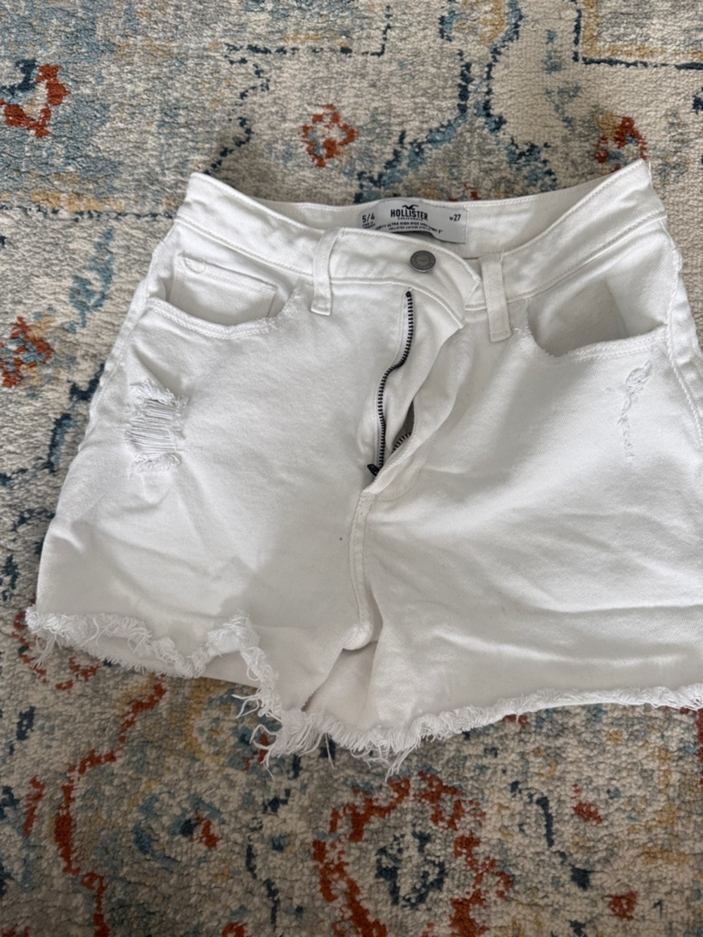 Hollister White High-Rise Distressed Denim Shorts